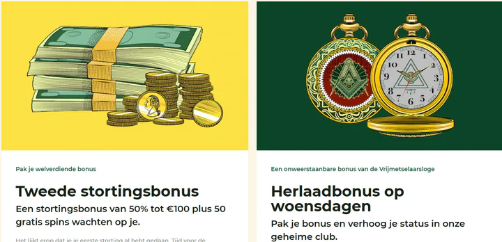 Bonussen van Mason Slots Casino met een tweede stortingsbonus van 50% tot €100 en 50 gratis spins, plus een herlaadbonus op woensdag