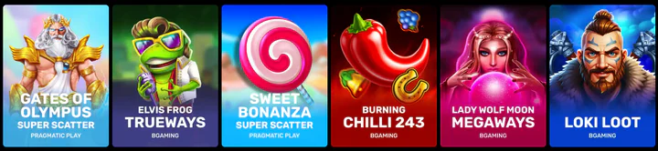 Populaire gokkasten bij Mason Slots Casino, waaronder Gates of Olympus Super Scatter, Elvis Frog TRUEWAYS, Sweet Bonanza Super Scatter, Burning Chilli 243, Lady Wolf Moon Megaways en Loki Loot